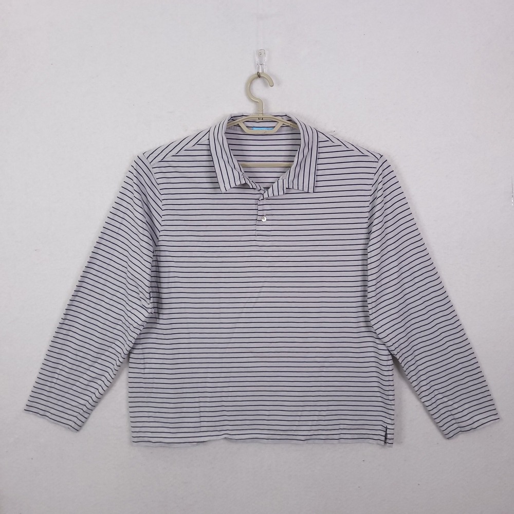 J.McLaughlin Polo Shirt Mens XL White Blue Striped Pima Cotton Long Sleeve